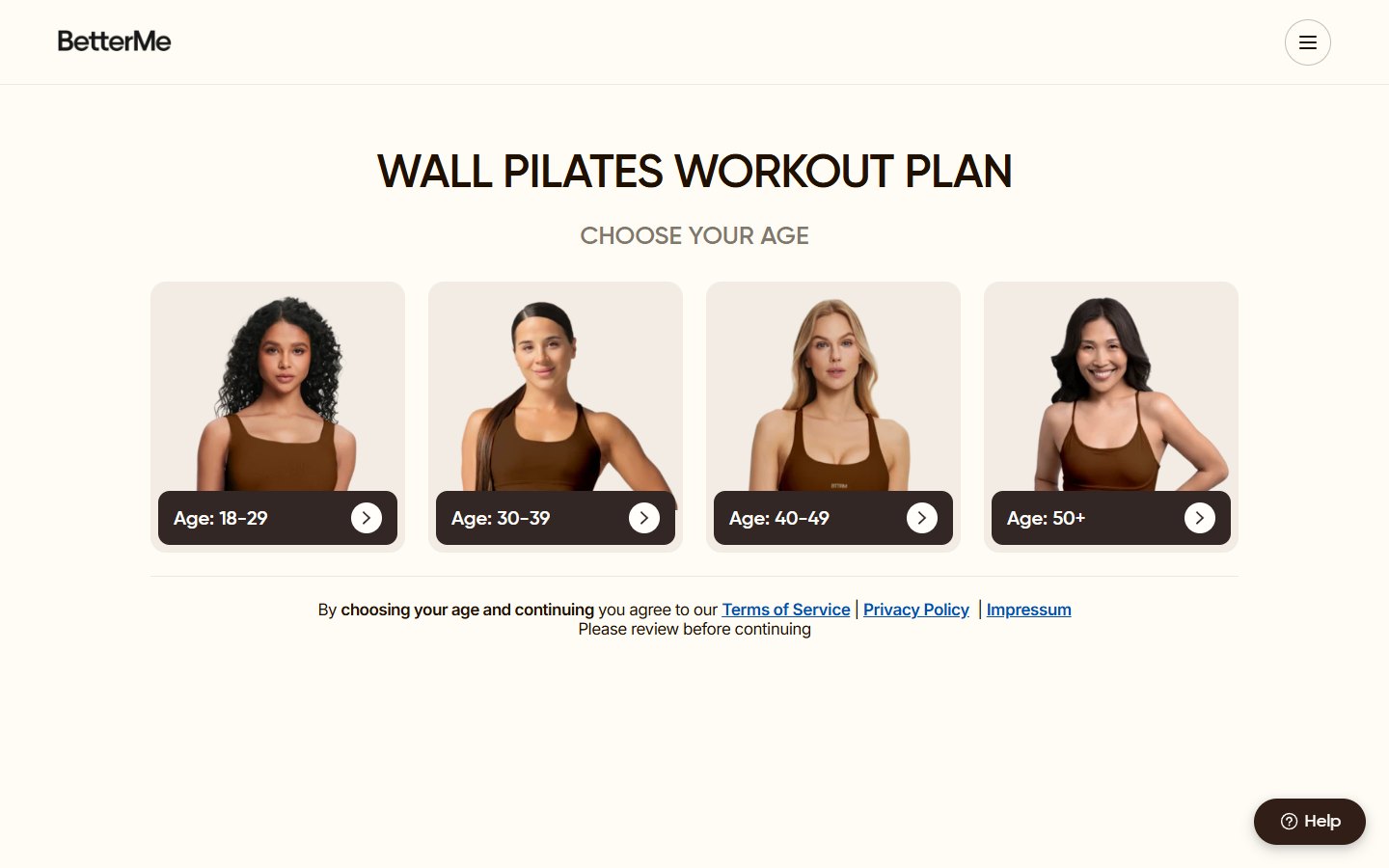 BetterMe — Wall Pilates Workout Plan quiz — первый шаг