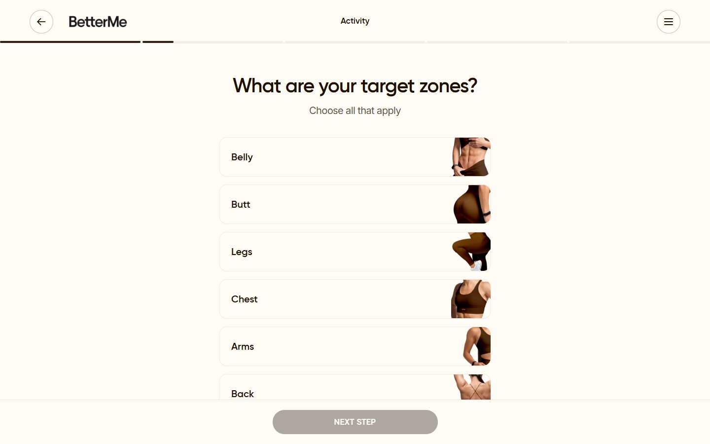 BetterMe — Wall Pilates Workout Plan quiz — середина