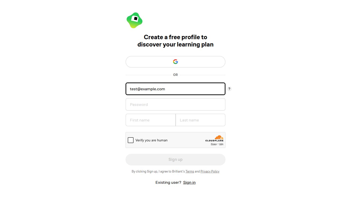 Brilliant — "I'm a learner" onboarding quiz — финал · итог скрыт за формой