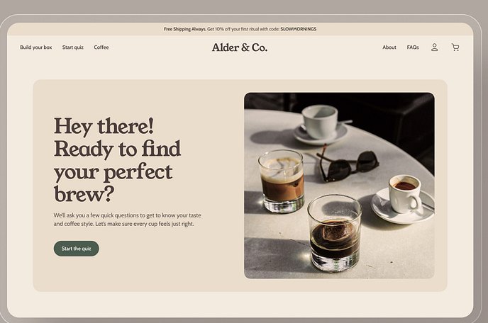 Taufiq Anshori for Nucleus UI — Coffee Roastery E-commerce UI Kit: Quiz Flow, Custom Order Page — первый шаг