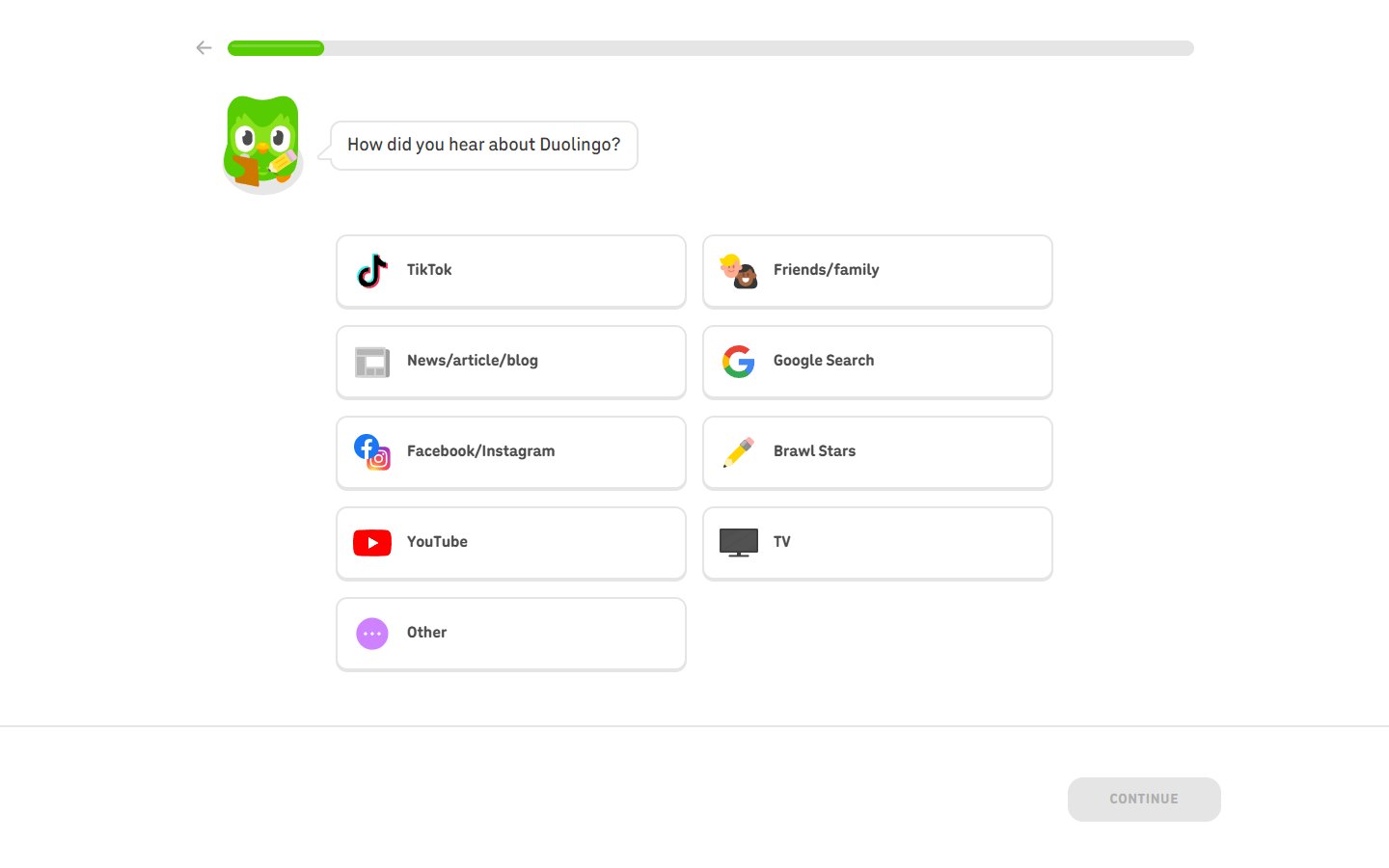Duolingo — "Get started" onboarding quiz — середина
