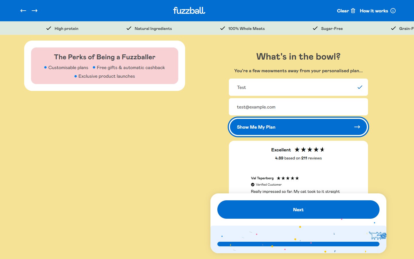 Fuzzball — Take the Quiz (cat food plan builder) — финал · итог скрыт за формой