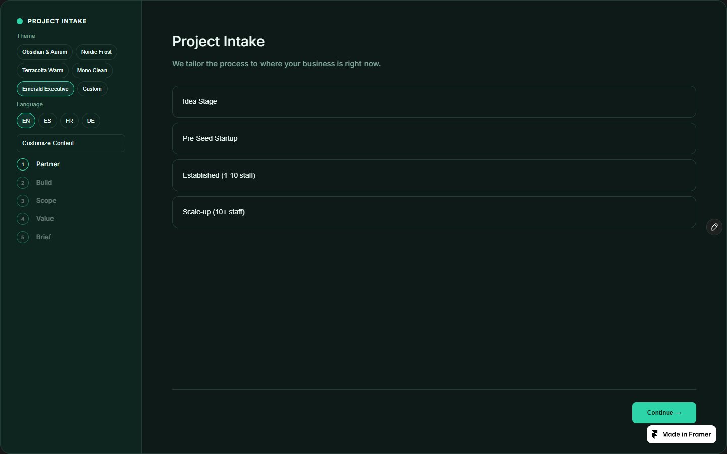 Project Intake — Lead Capture Wizard (Framer component demo) — первый шаг