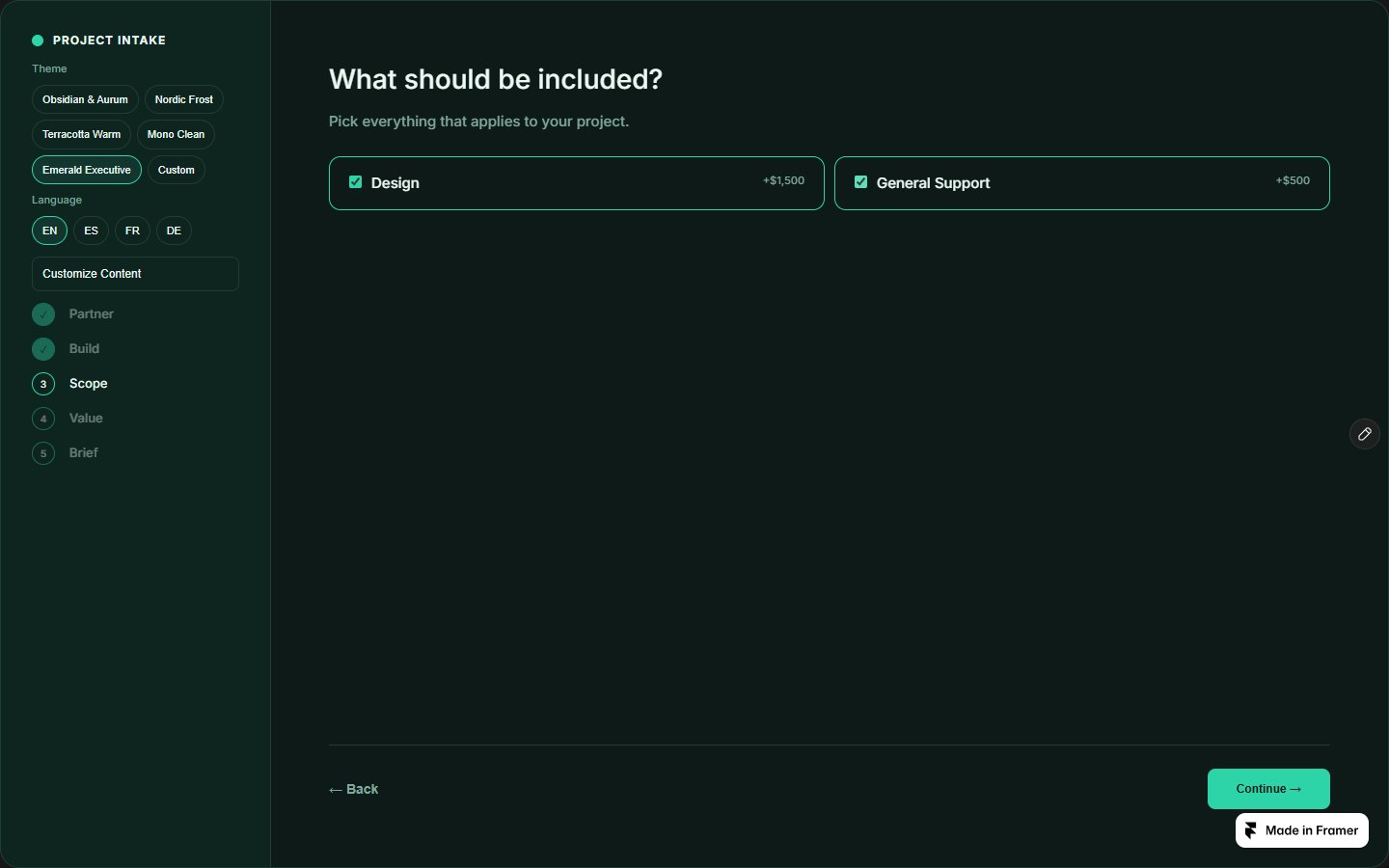 Project Intake — Lead Capture Wizard (Framer component demo) — середина
