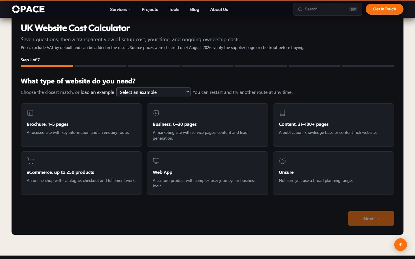 Opace — UK Website Cost Calculator — первый шаг