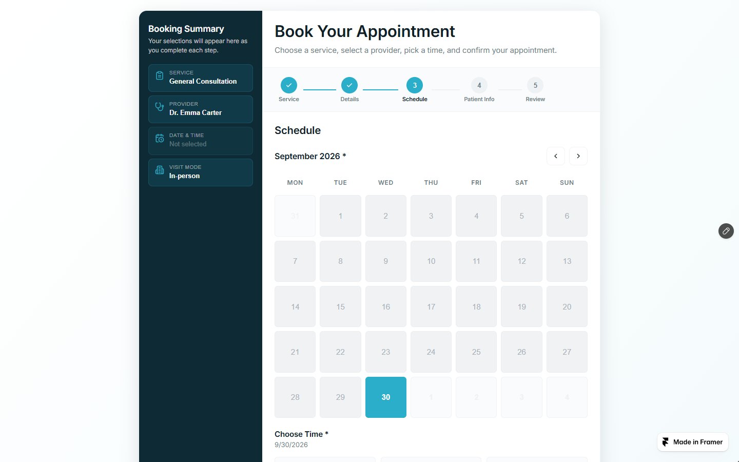 Care Booking Pro — Book Your Appointment (Framer component demo) — середина
