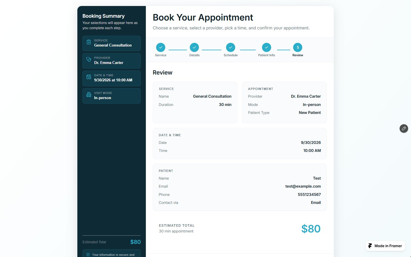 Care Booking Pro — Book Your Appointment (Framer component demo) — финал